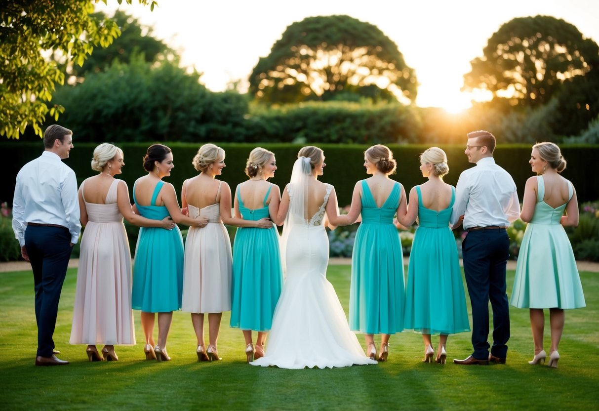 A group of wedding guests standing in a garden, some wearing long dresses while others opt for short dresses. The sun is setting, casting a warm glow over the scene