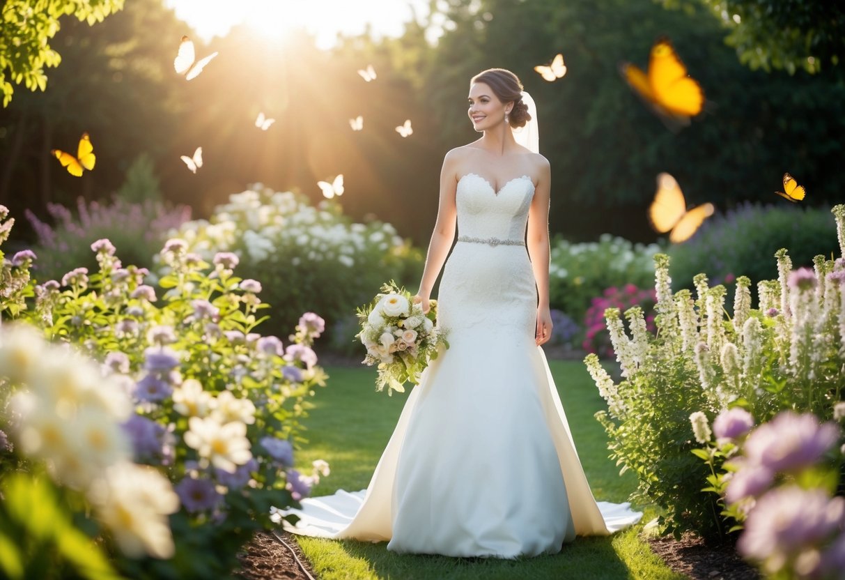 A bride in a white dress stands in a garden, surrounded by blooming flowers and fluttering butterflies. The sun shines down, casting a warm glow on her gown