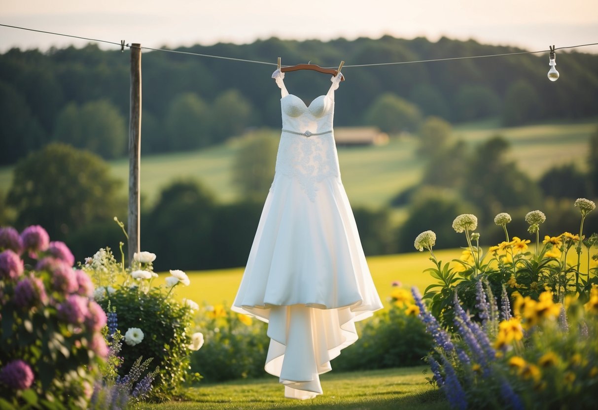 A white wedding dress hanging on a clothesline, surrounded by vibrant flowers and a serene countryside backdrop