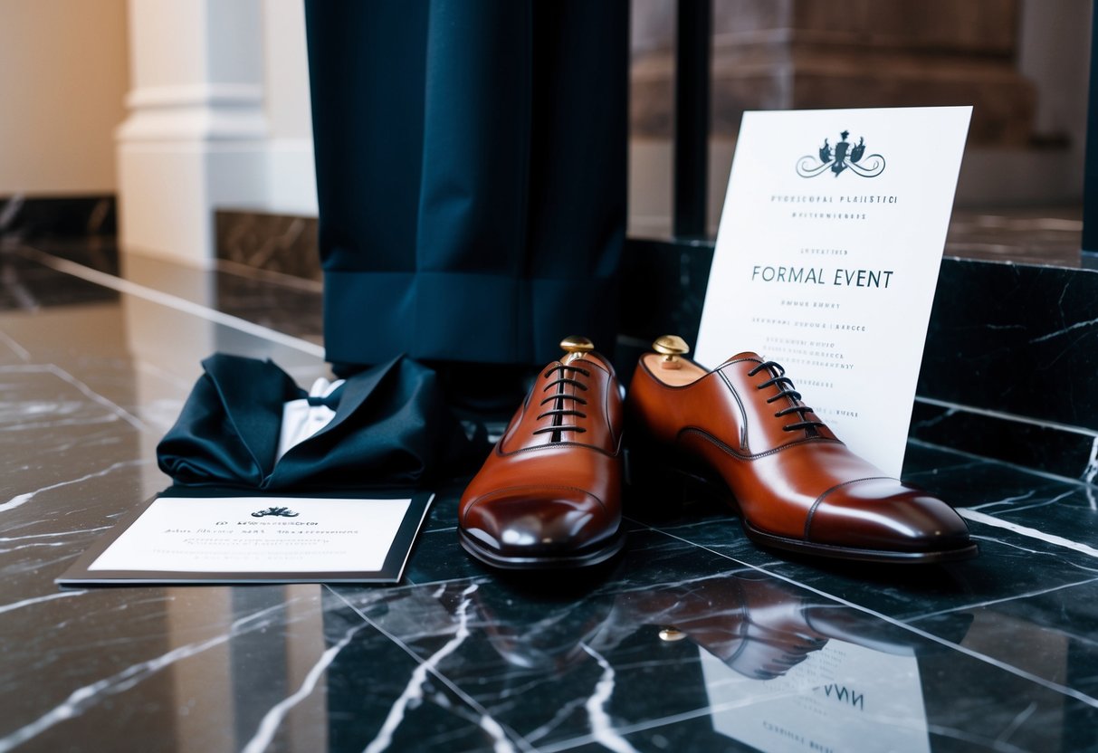 A pair of polished brown shoes placed next to a tuxedo and a formal event invitation on a sleek marble floor