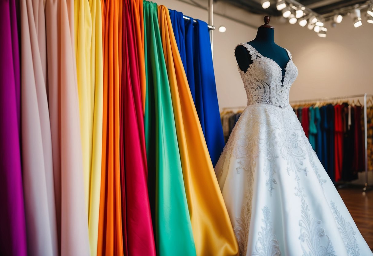 An ornate white wedding gown displayed alongside vibrant, colorful fabrics, symbolizing cultural and personal reasons for non-virgin brides' color choices