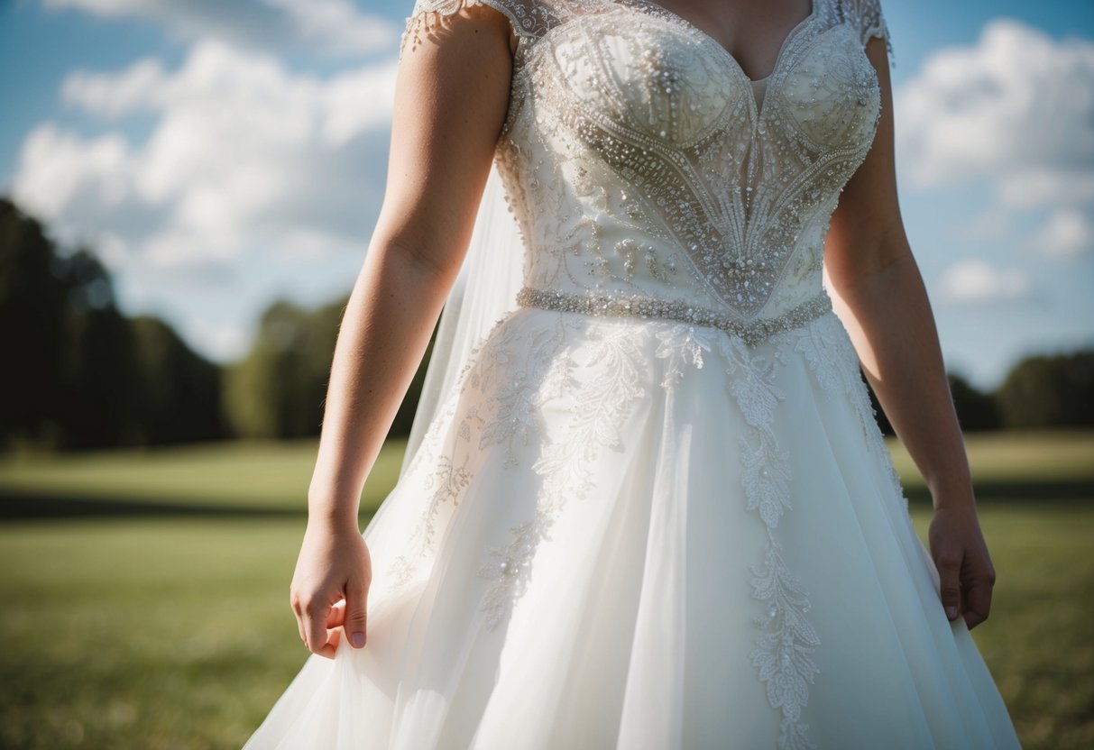 A white wedding gown adorned with intricate lace and beading, symbolizing purity and innocence, worn by a non-virgin bride