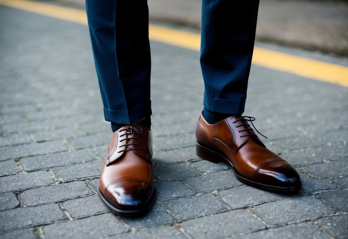 A well-dressed figure in a formal outfit with a pair of polished brown shoes