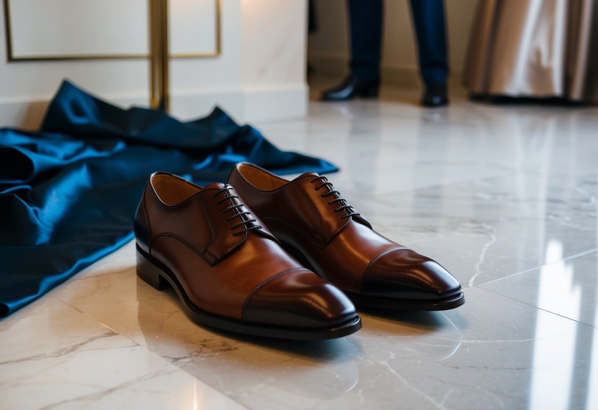 A pair of polished brown dress shoes next to a tuxedo and evening gown on a sleek marble floor