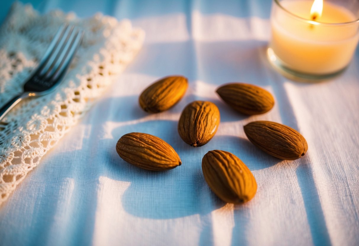 Five almonds arranged in a circle on a white tablecloth. A delicate lace napkin beside them, with soft candlelight casting shadows