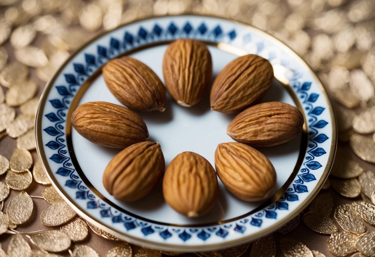 Five almonds arranged in a circle on a decorative plate, symbolizing fertility, longevity, wealth, health, and happiness in a wedding tradition