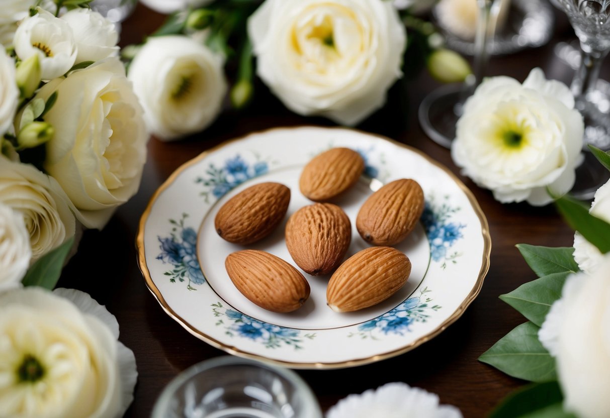 Five almonds arranged on a decorative plate, surrounded by elegant floral centerpieces and wedding decor