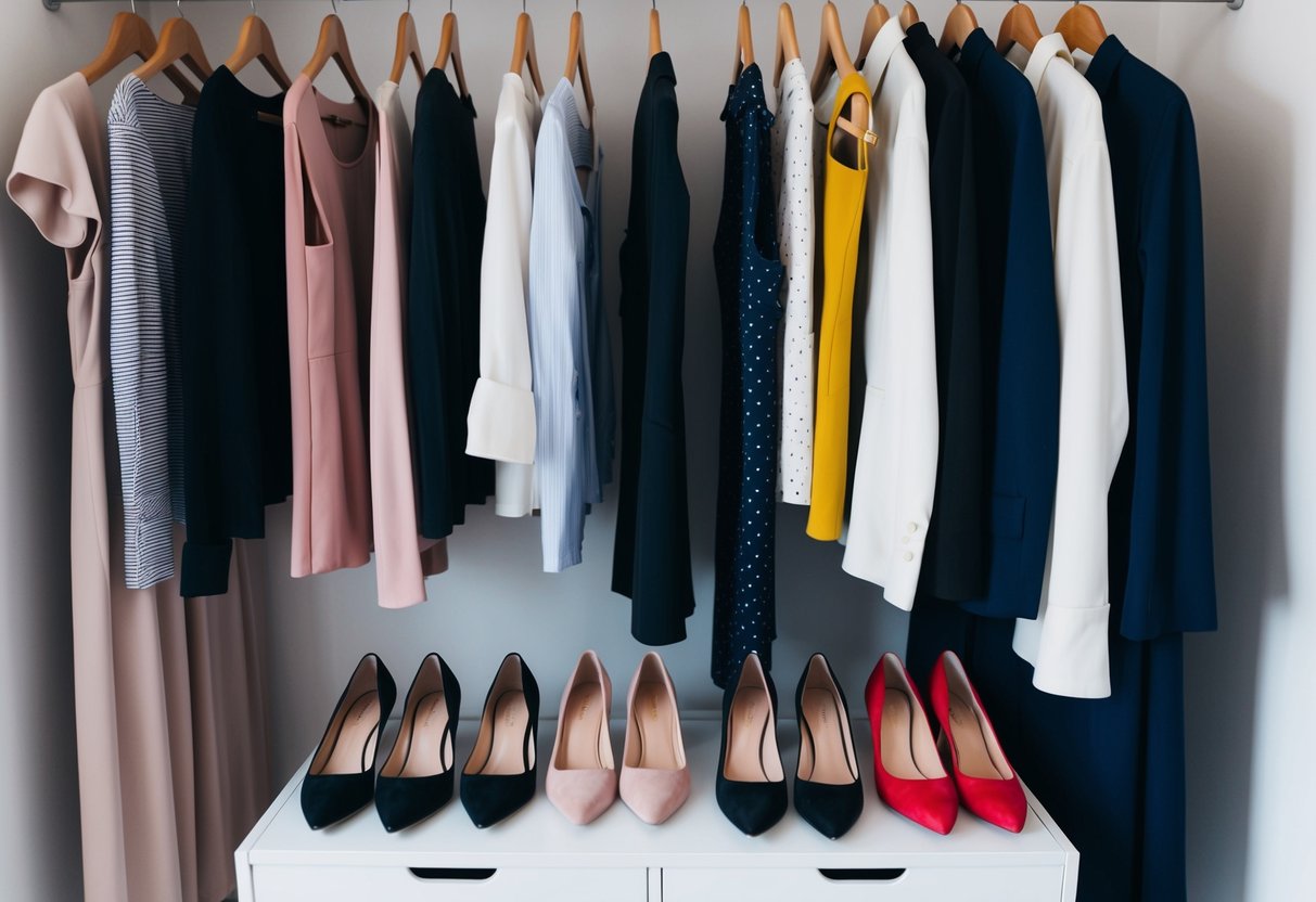 A woman's wardrobe with a variety of outfits, including casual and formal attire, with a collection of flats and heels neatly organized on a shoe rack