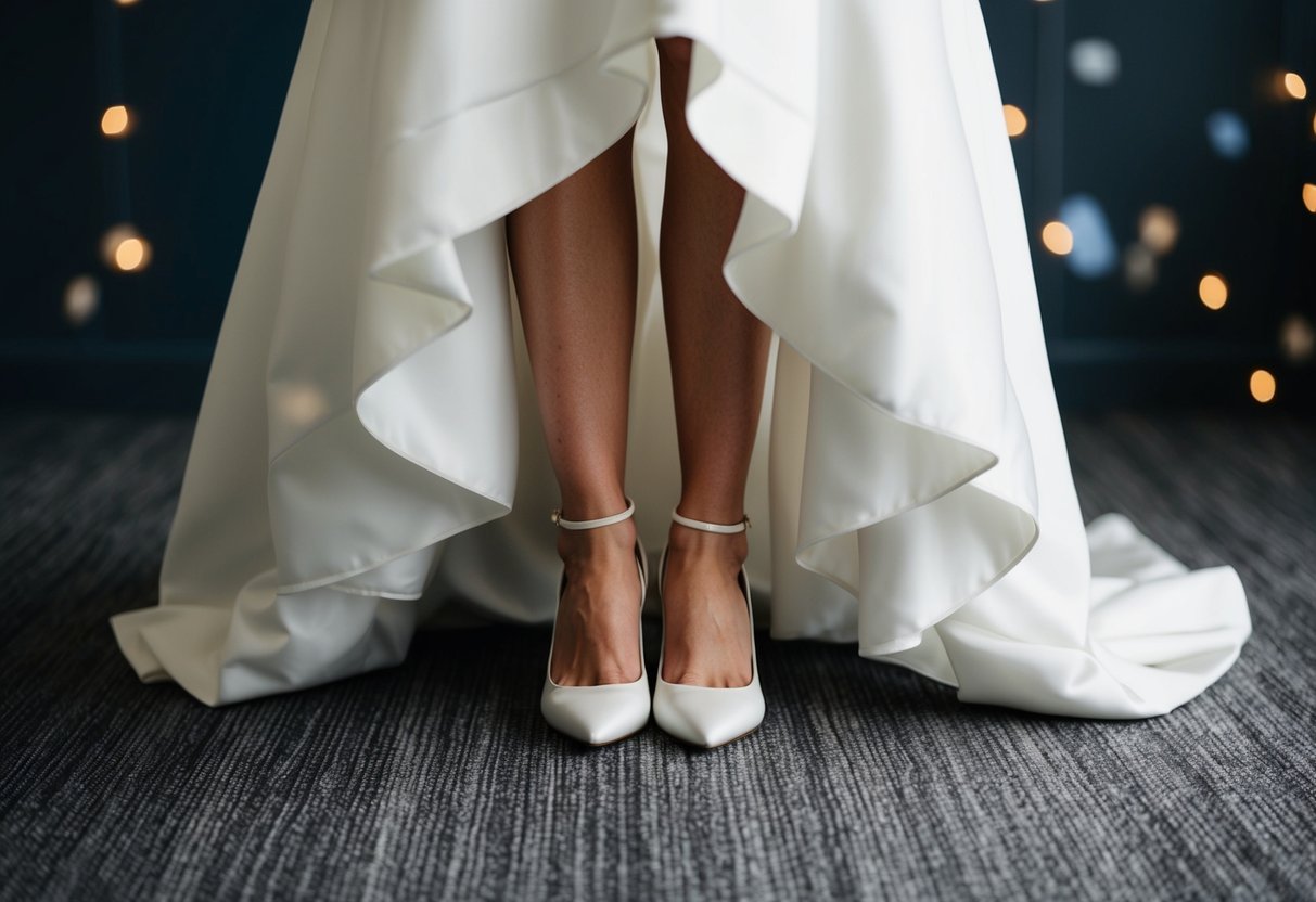 A bride's feet in white heels peeking out from under a flowing wedding dress