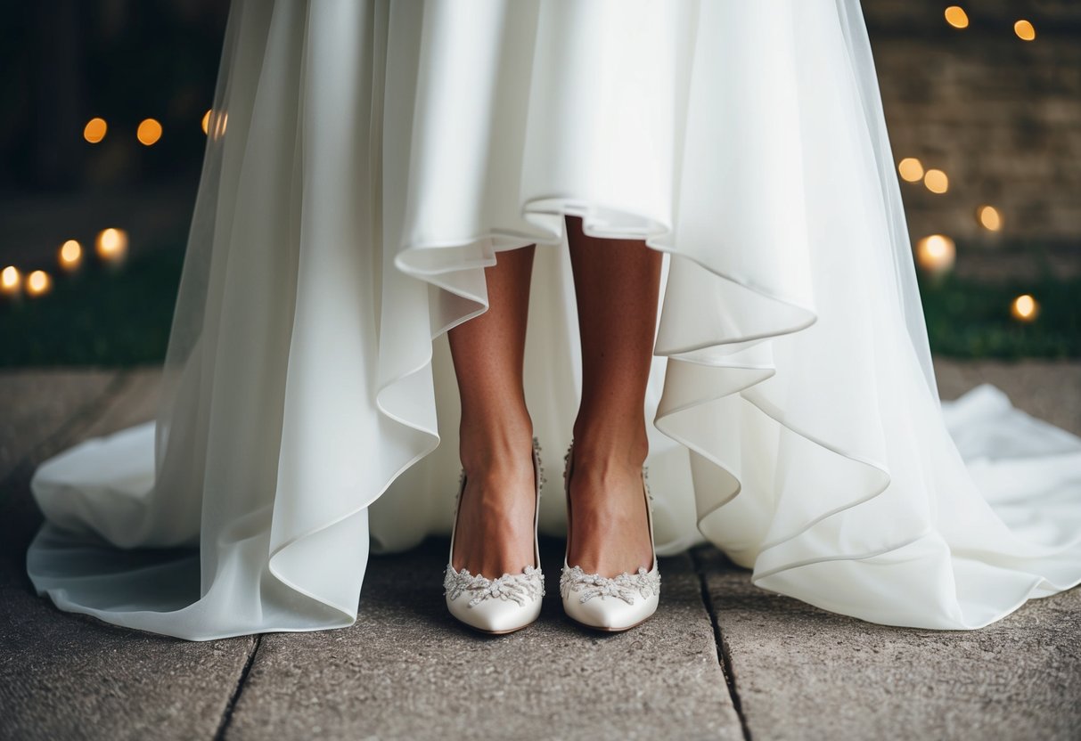 A bride's feet peek out from under her flowing wedding dress, showcasing elegant shoes with intricate details