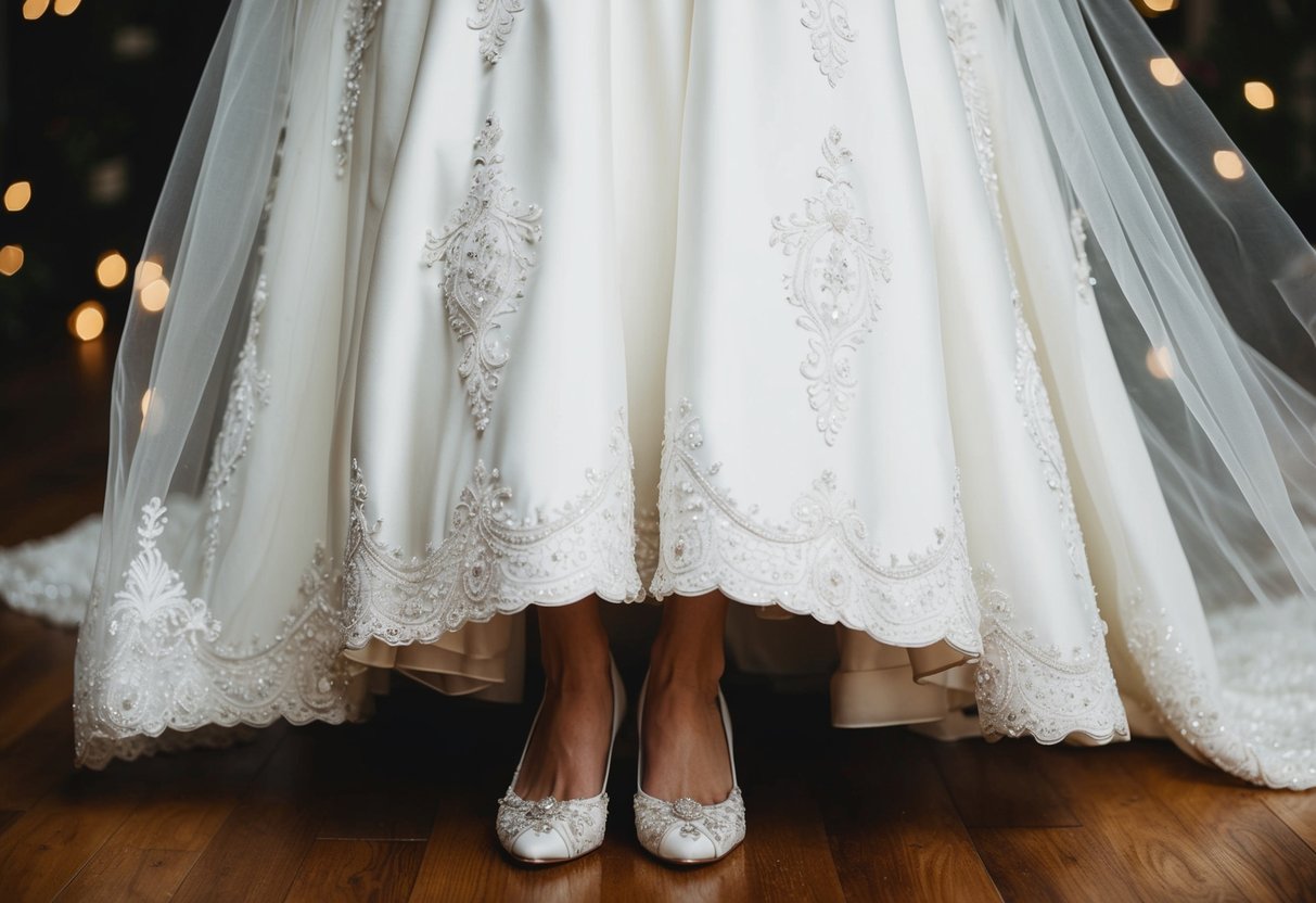A bride in a wedding dress, with intricate patterns and embroidery, stands with her shoes peeking out from under the hem