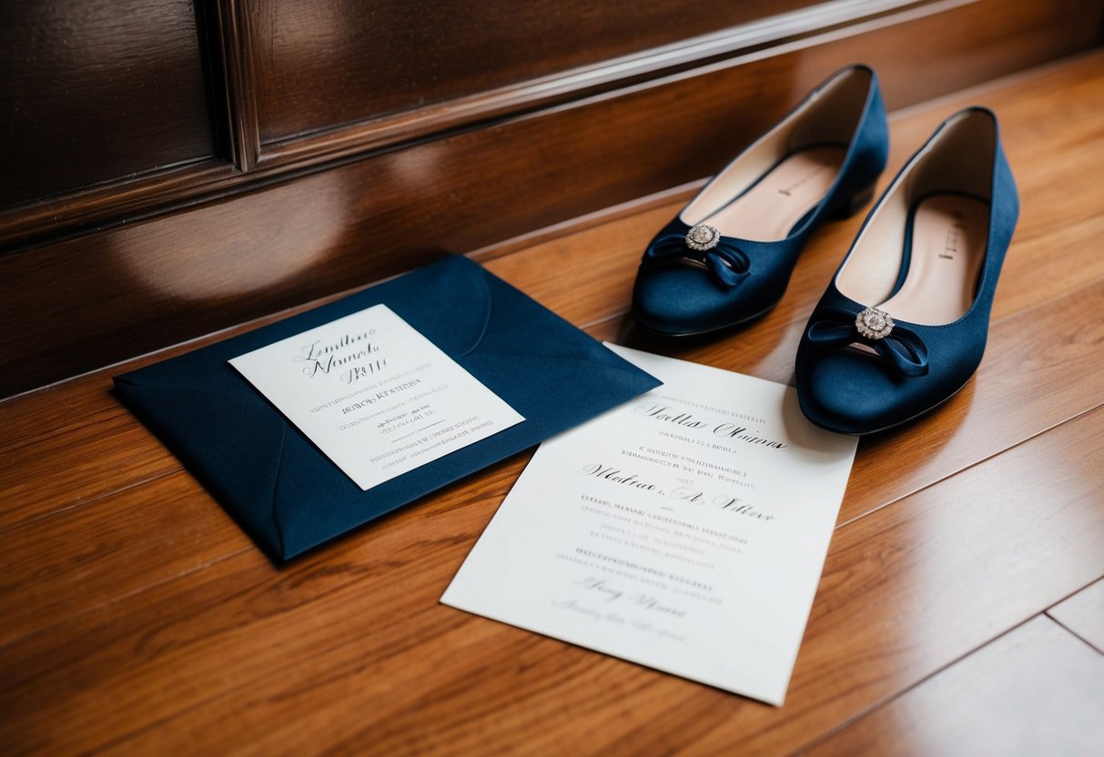 A pair of elegant flats placed next to a formal wedding invitation on a polished wooden floor
