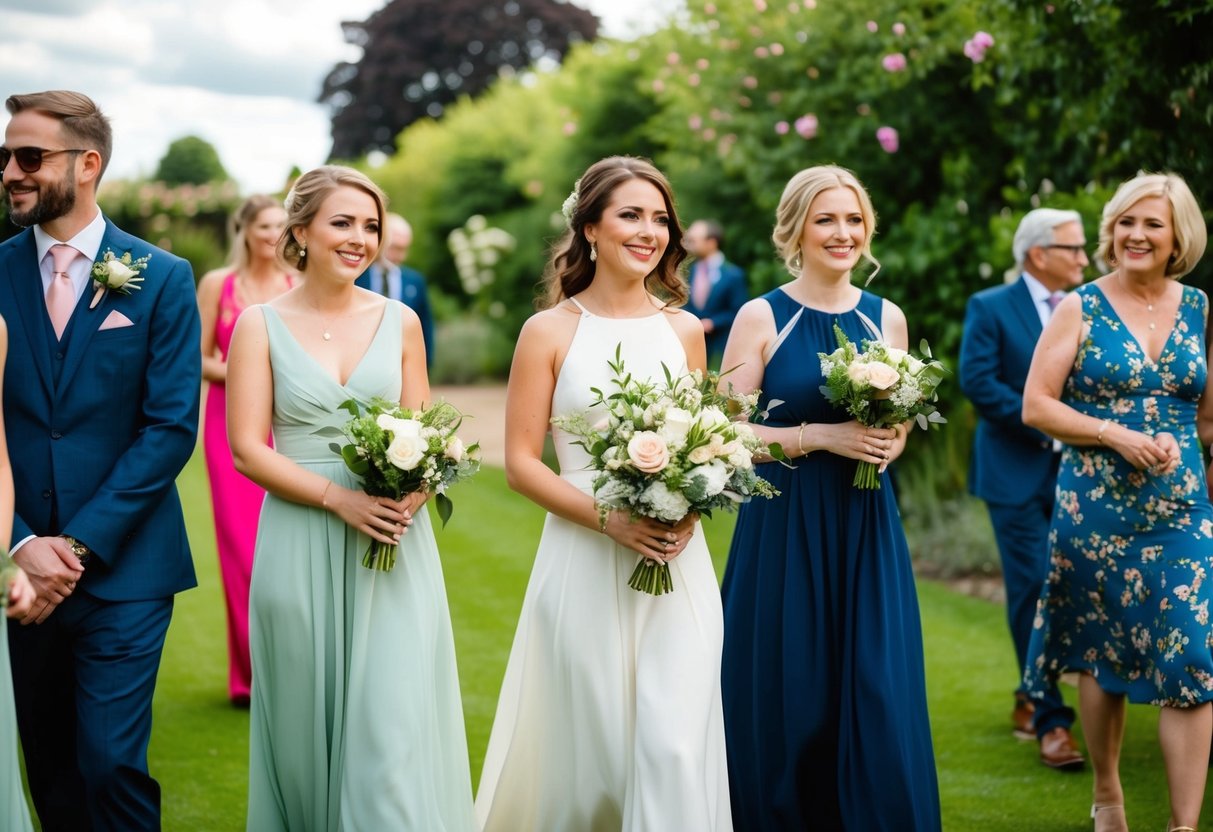 A garden wedding with guests wearing maxi dresses