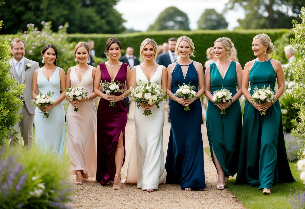 A garden wedding with guests in formal attire, women wearing elegant maxi dresses in various colors and styles
