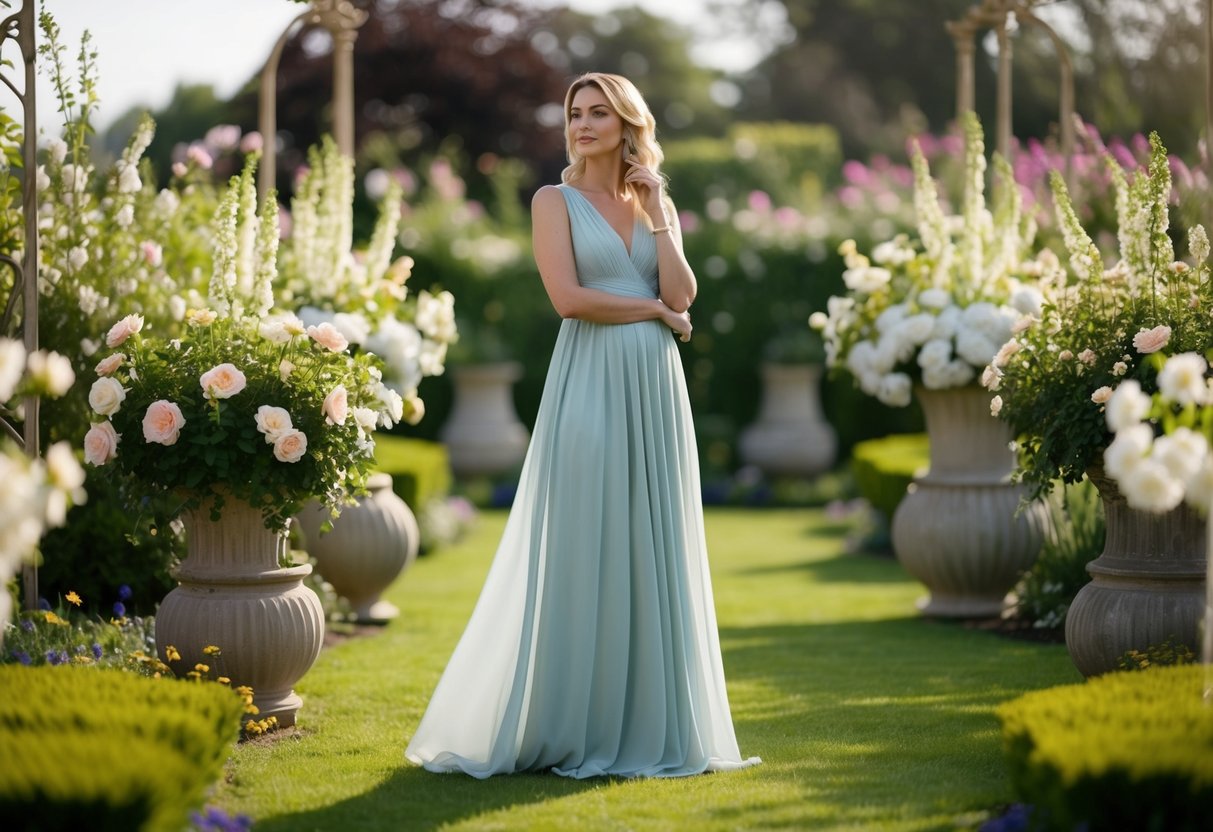 A woman in a flowing maxi dress stands in a garden, surrounded by blooming flowers and elegant decor, looking thoughtful and elegant