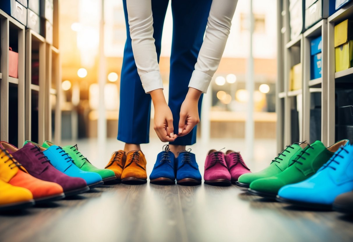 A person stands in front of a row of colorful shoes, carefully comparing and selecting the right color to match their outfit