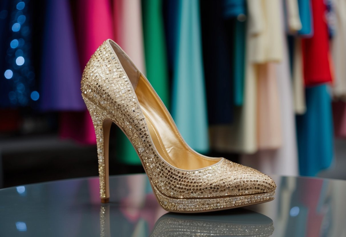 A shimmering gold heel next to a rack of colorful dresses