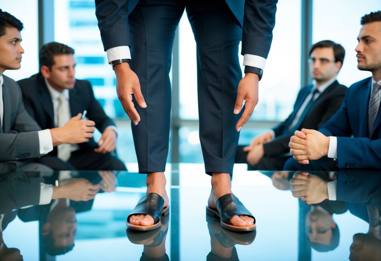 A person in business attire wearing open-toed shoes in an office setting, with disapproving glances from colleagues