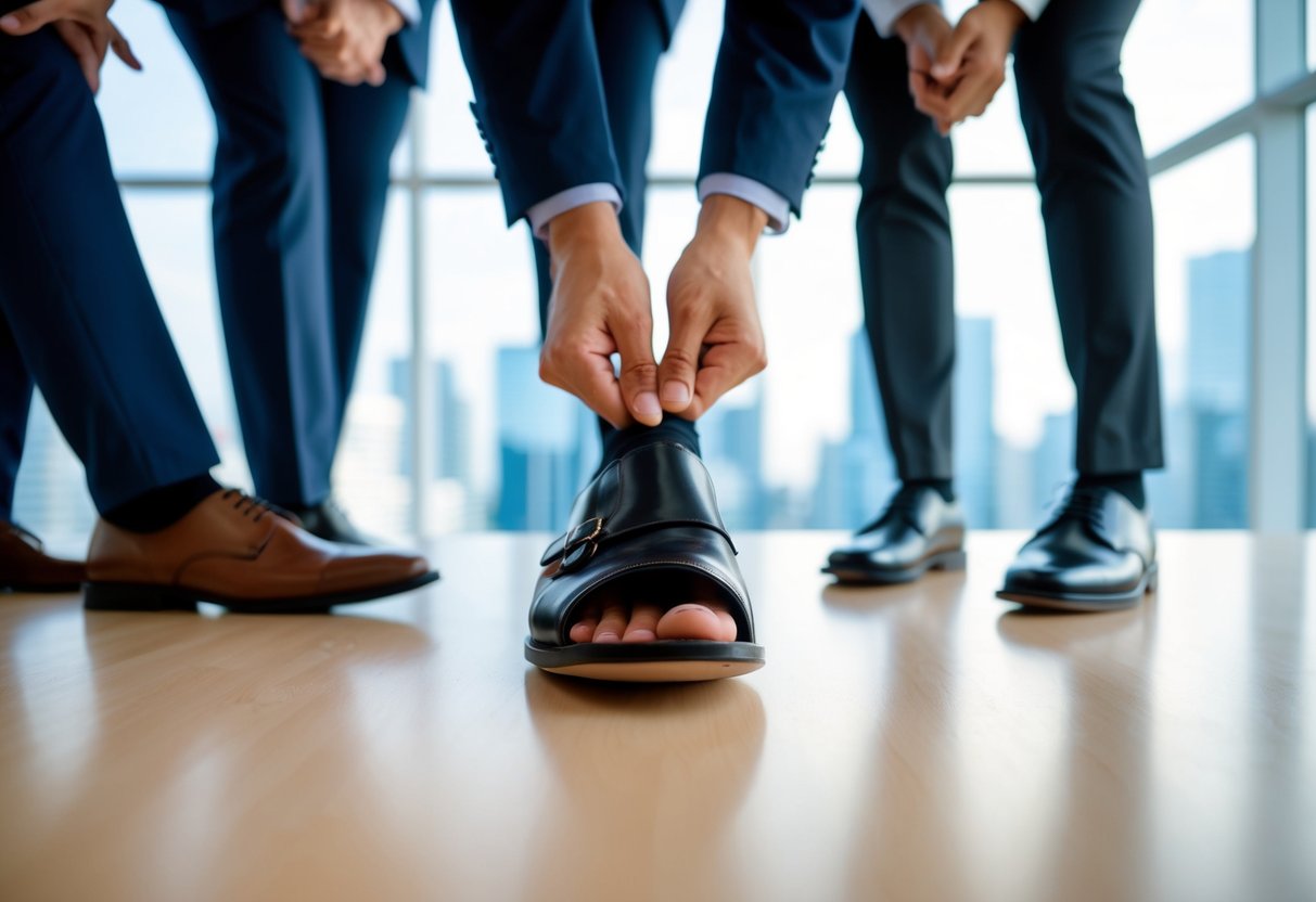 A person wearing open-toed shoes is receiving disapproving looks from colleagues in a professional office setting