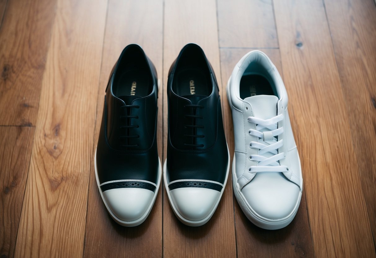 A pair of black oxford shoes placed next to a pair of clean, white sneakers, both positioned neatly on a wooden floor