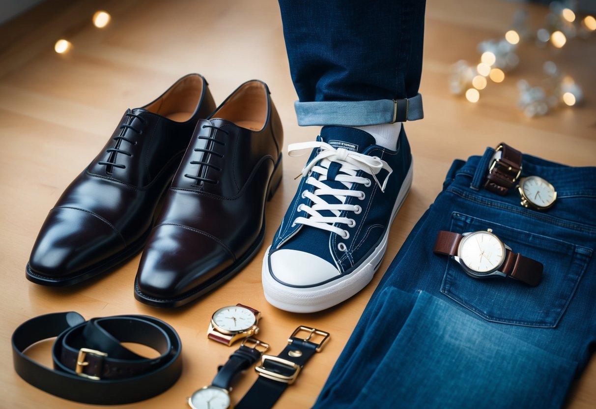 A pair of formal dress shoes and a pair of casual sneakers placed next to a pair of jeans, with various accessories such as belts and watches laid out nearby