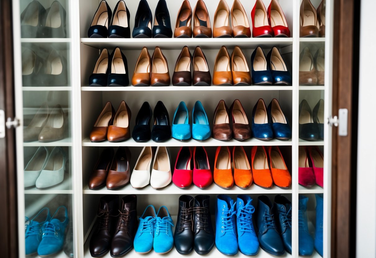 A closet filled with shoes in various colors, from classic black and brown to vibrant red and blue, all neatly organized on shelves