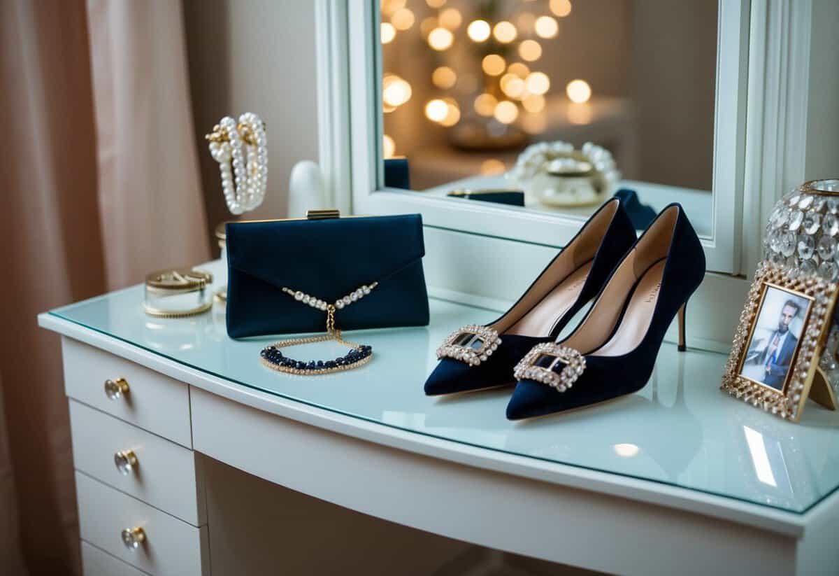 A woman's elegant outfit laid out on a vanity, featuring statement jewelry, a sleek clutch, and stylish flats