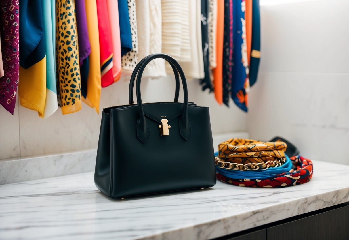 A black handbag sits on a marble countertop beside a collection of colorful scarves and accessories