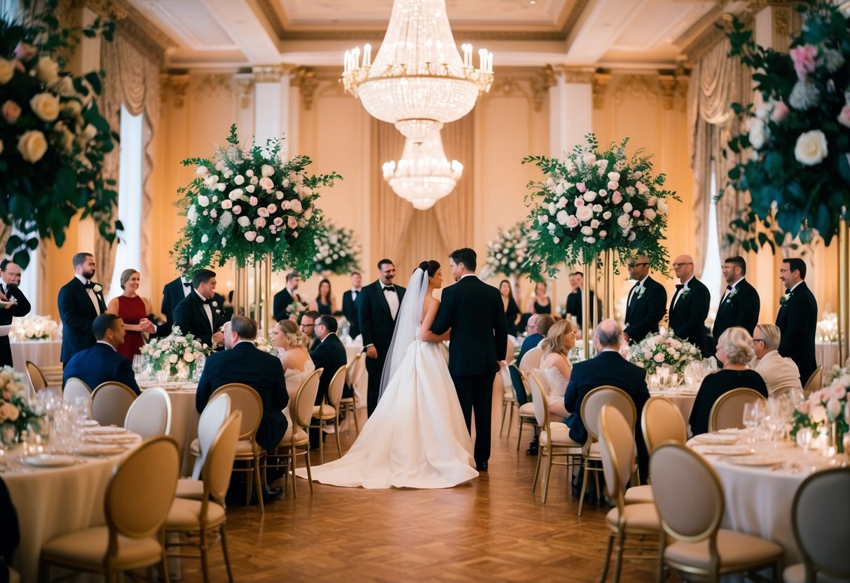 A grand ballroom with elegant floral arrangements and guests in formal attire