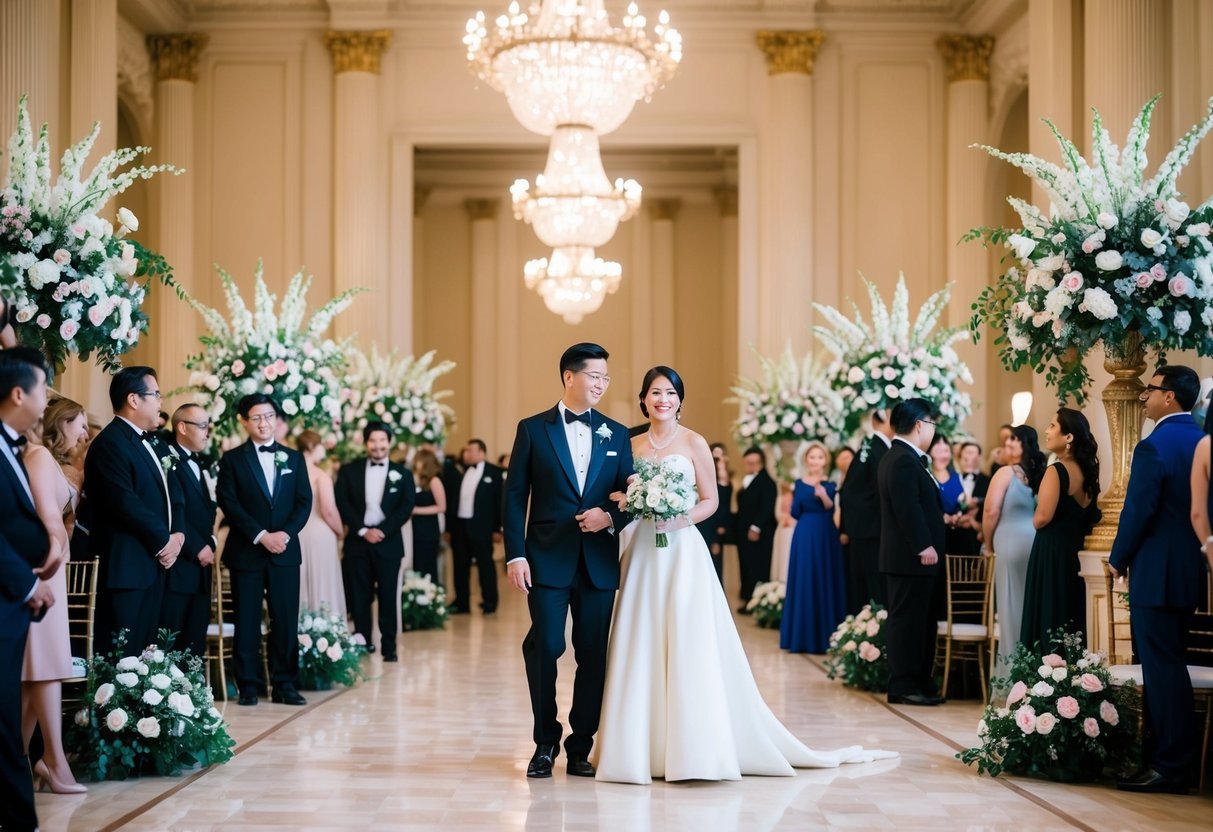 A grand ballroom with elegant floral arrangements and guests dressed in formal attire