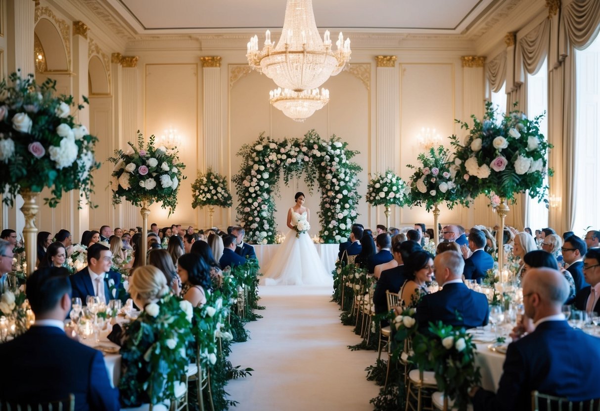 A grand ballroom adorned with elegant floral arrangements, where guests don sophisticated floral attire for a formal wedding celebration