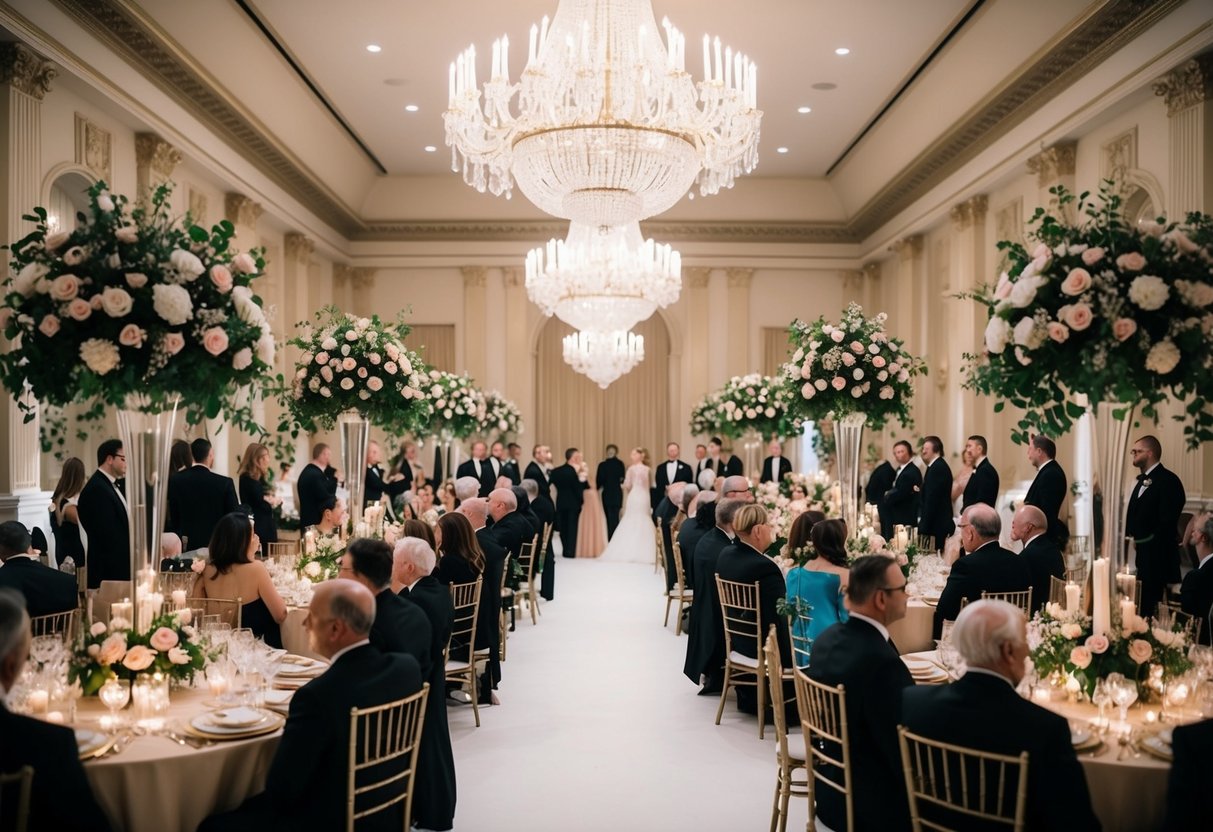 A grand ballroom with elegant floral arrangements and guests in formal attire
