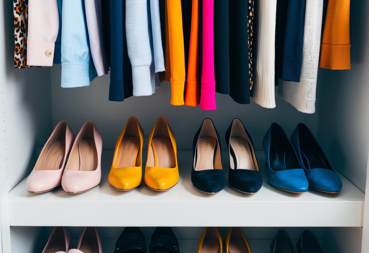 A closet with a variety of outfits and a collection of different colored shoes neatly arranged on a shelf