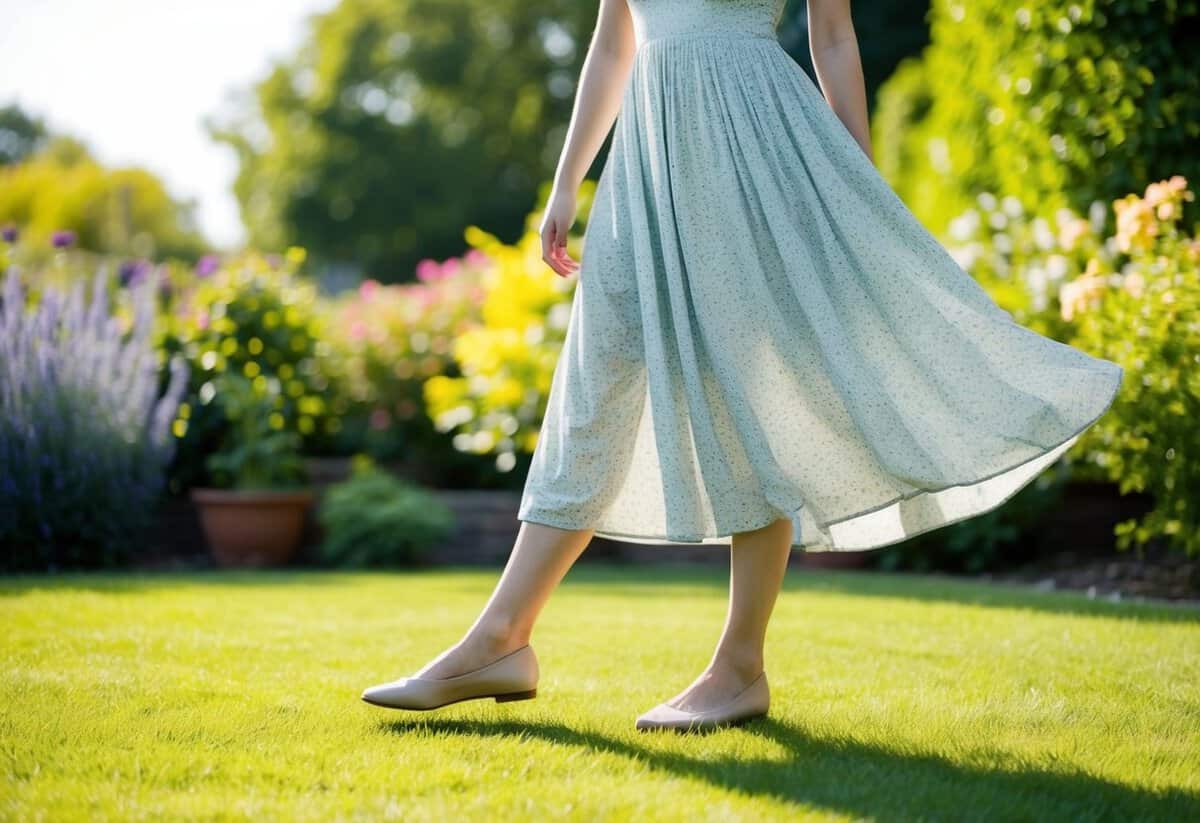 A flowy knee-length dress with a subtle floral print, paired with simple ballet flats, in a sunlit garden