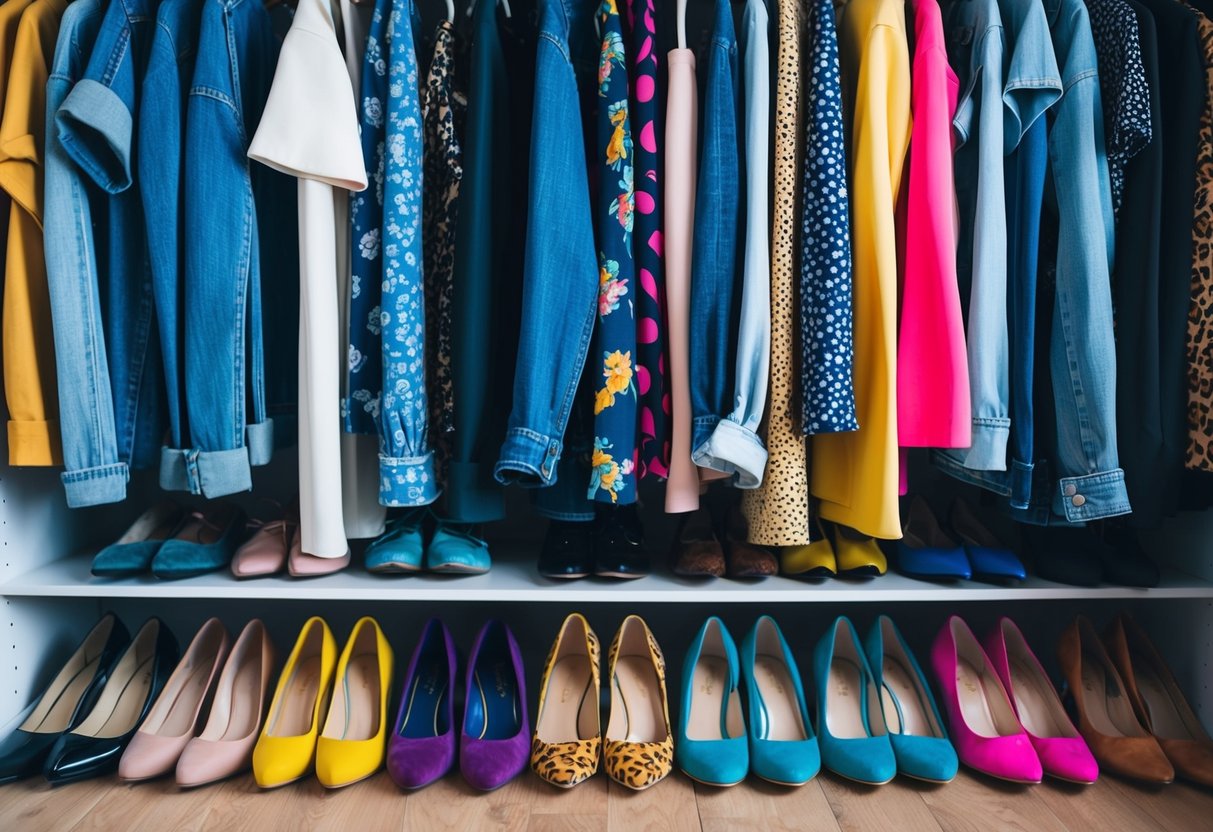A closet filled with denim and printed outfits, surrounded by an array of colorful shoes