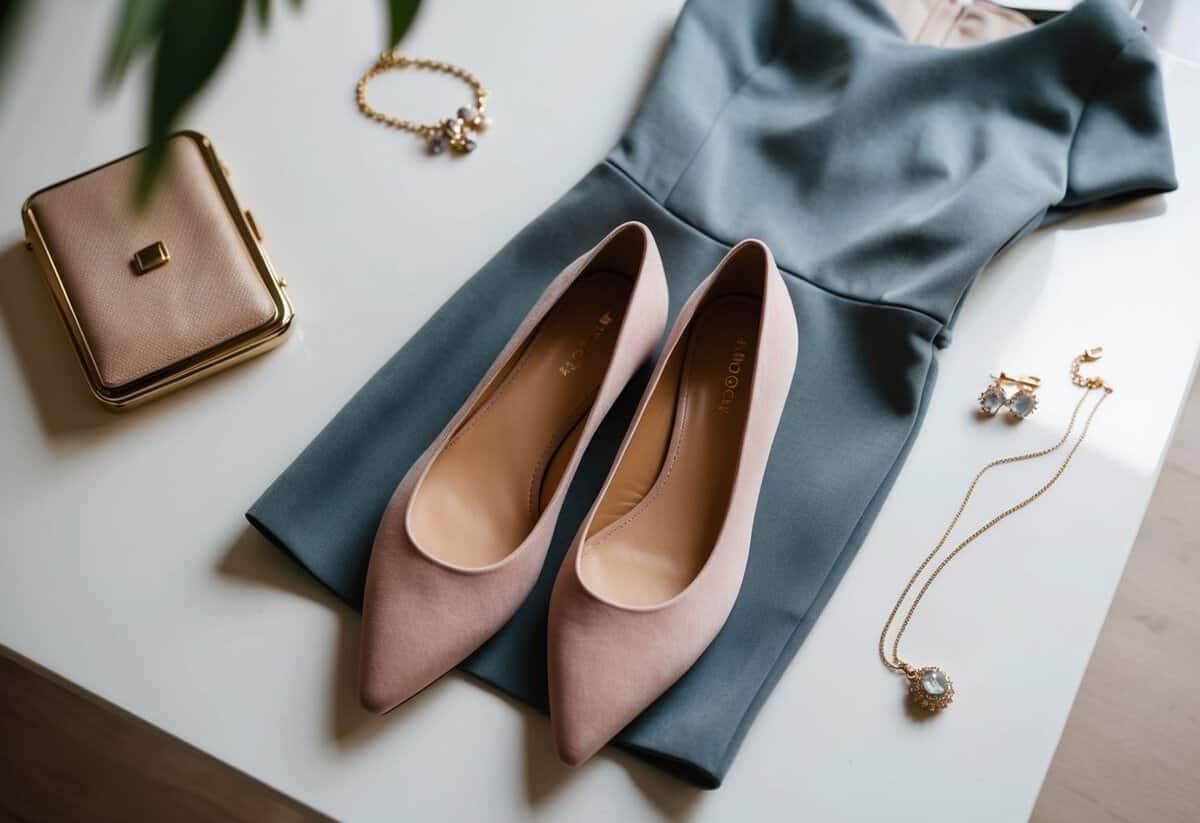 A knee-length dress and pointed flats lay on a clean, white surface, surrounded by delicate jewelry and a small clutch