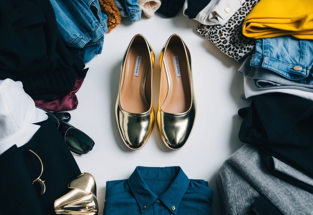 A pile of various clothing items and accessories, including a pair of shiny gold shoes, laid out on a clean white background