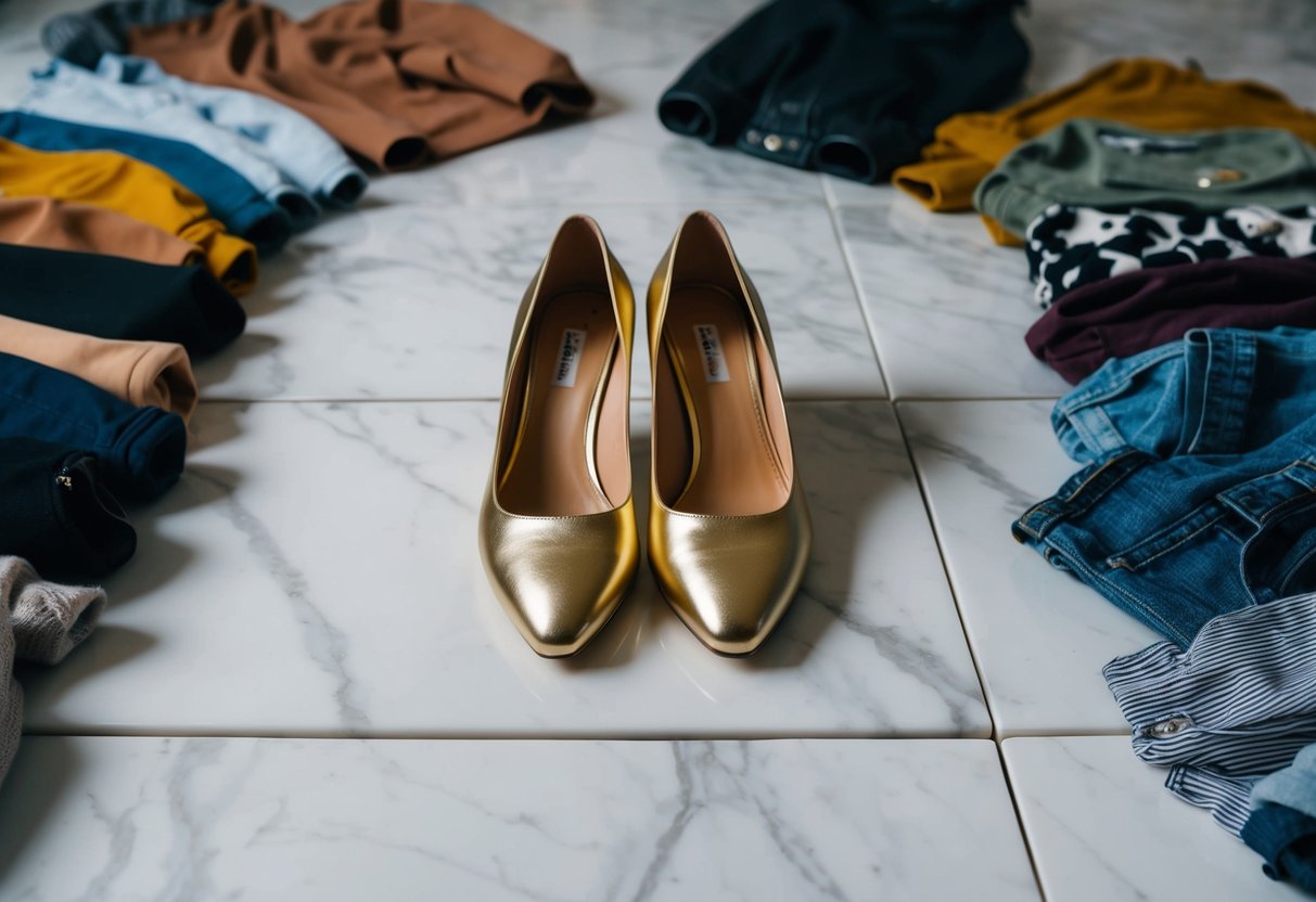 A pair of gold shoes placed on a white marble floor, surrounded by various items of clothing in different colors and styles