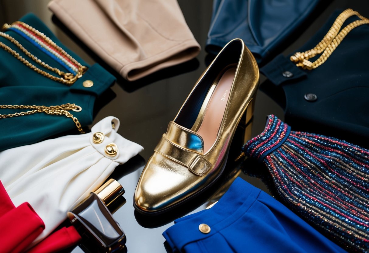 A shining gold shoe surrounded by various outfits in different styles and colors, representing versatility and compatibility with different looks