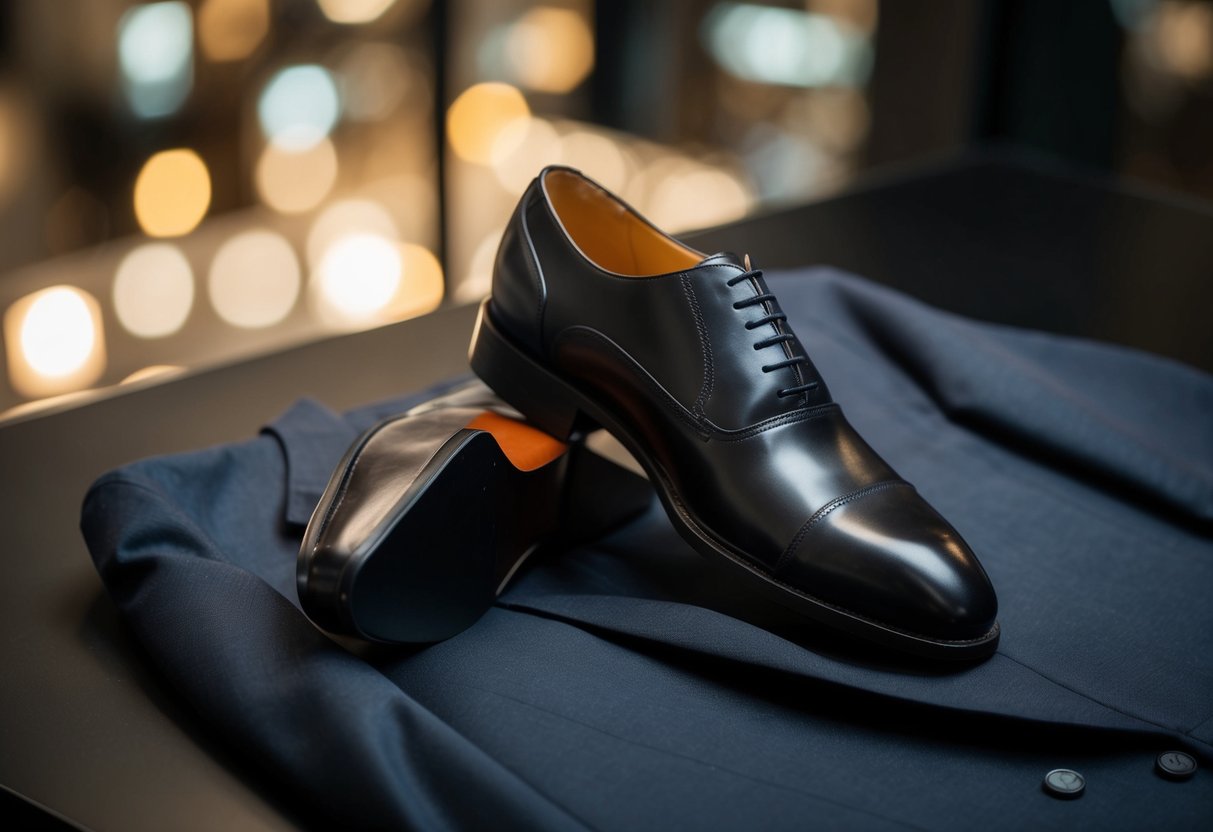 A single dress shoe cut in half, resting on a tailored suit jacket