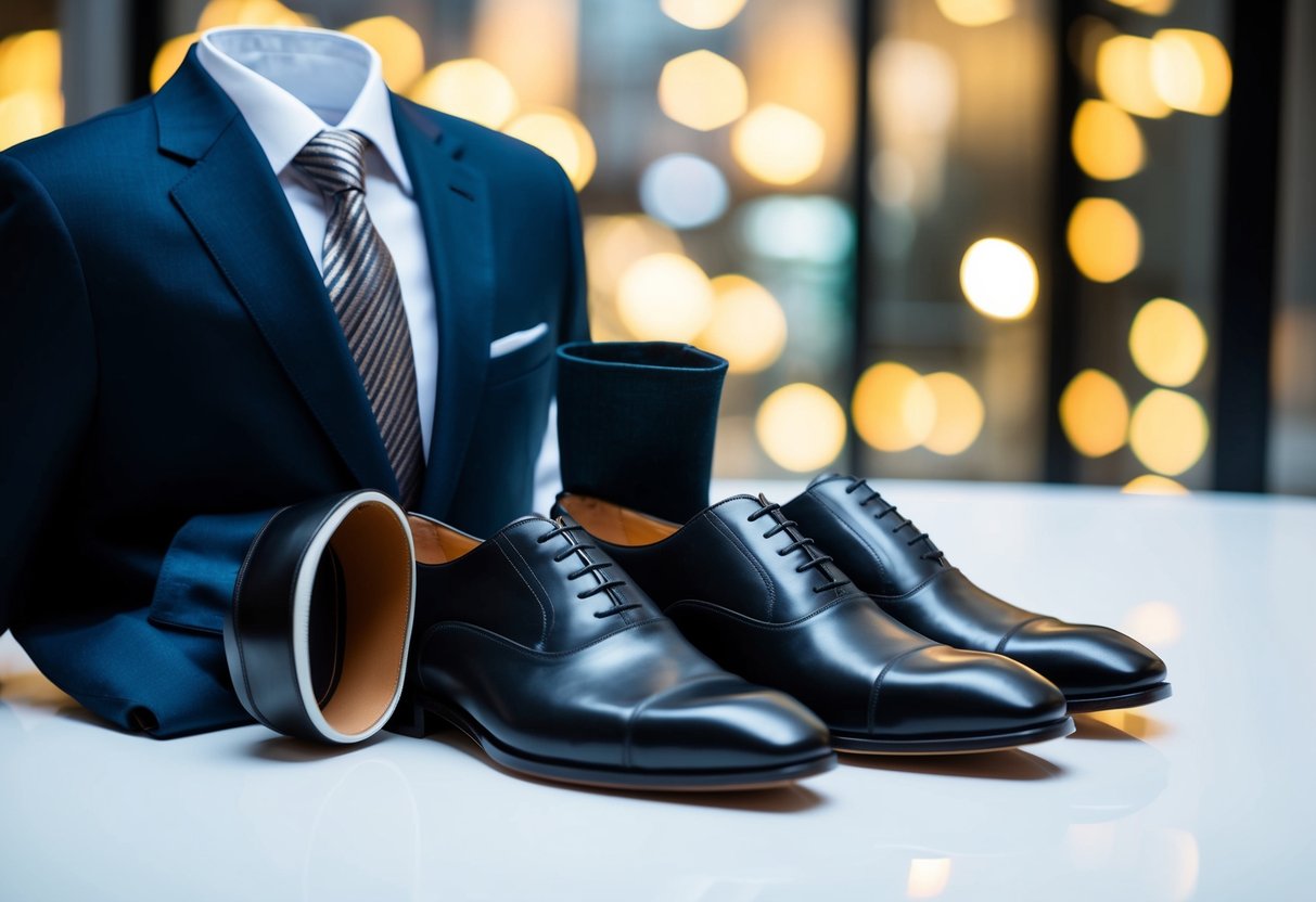 A neatly arranged suit and pair of shoes, with one shoe cut in half, displayed side by side for comparison