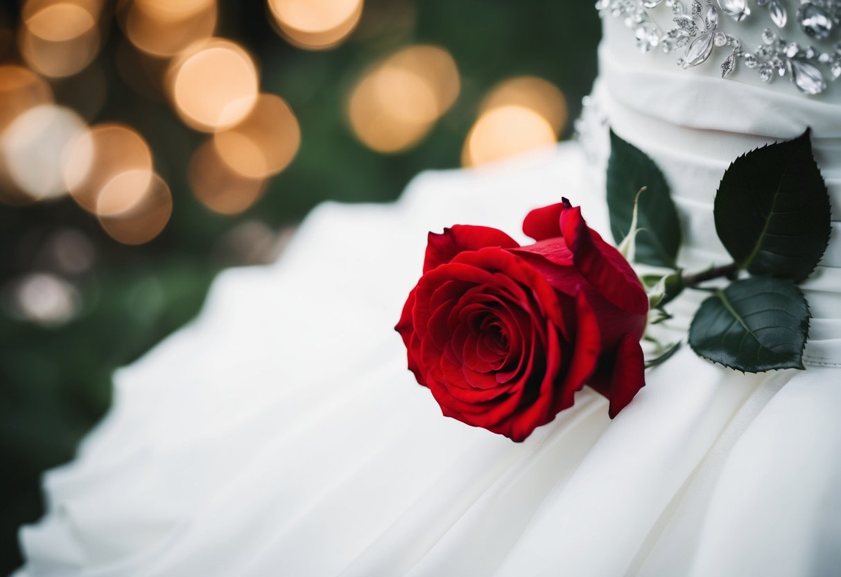 A red rose placed on a white wedding dress