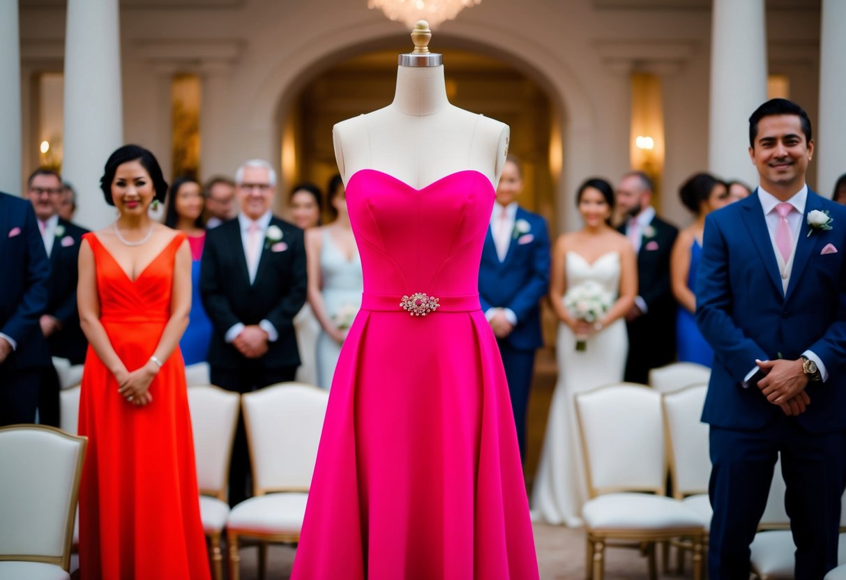 A vibrant hot pink dress stands out against a backdrop of elegant wedding guests in formal attire