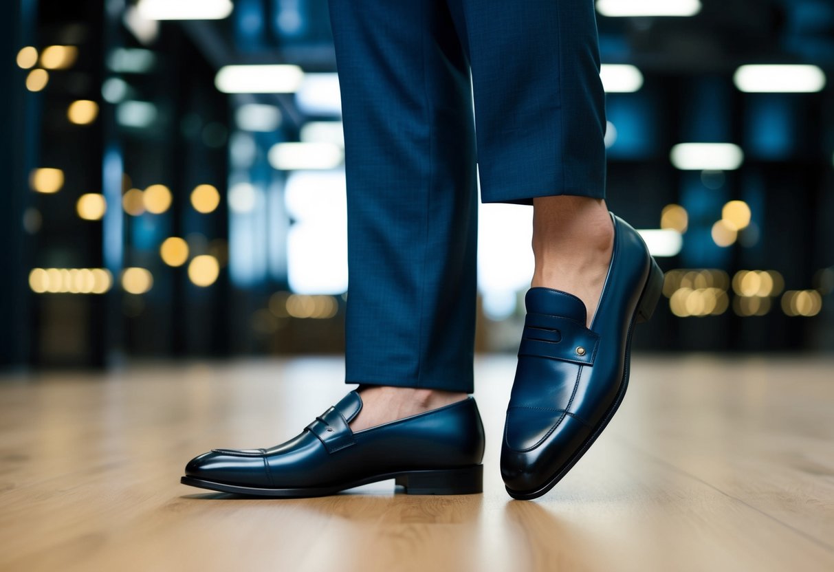 A sleek, polished suit jacket and trousers paired with a matching dress shoe on one foot, and a half shoe on the other