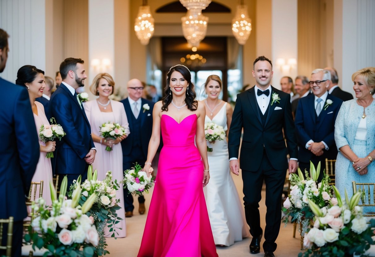 A wedding scene with guests dressed in various formal attire, including a woman in a hot pink dress, surrounded by elegant decorations and floral arrangements