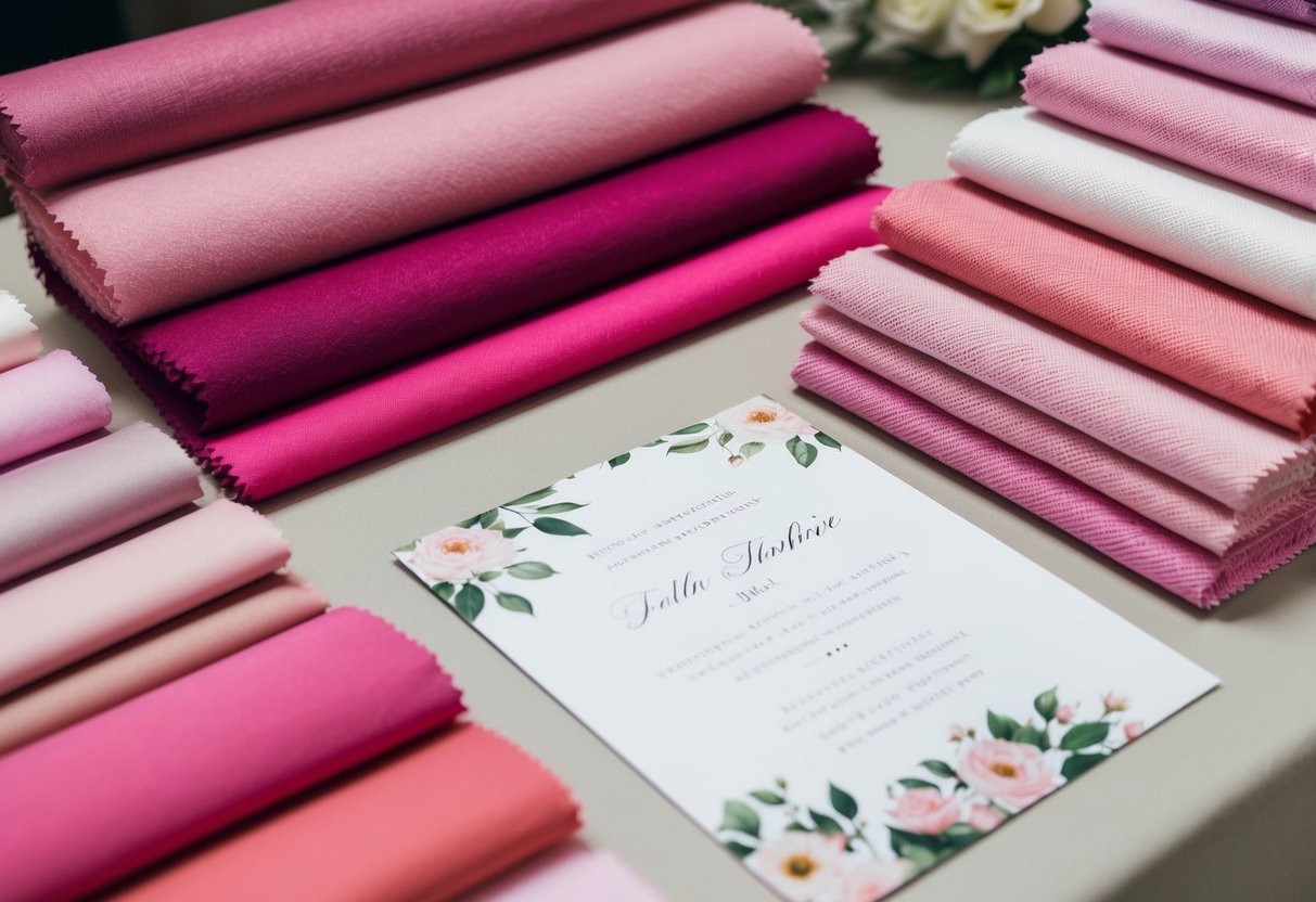 A display of various shades of pink fabric swatches arranged on a table, with a wedding invitation and a thoughtful expression