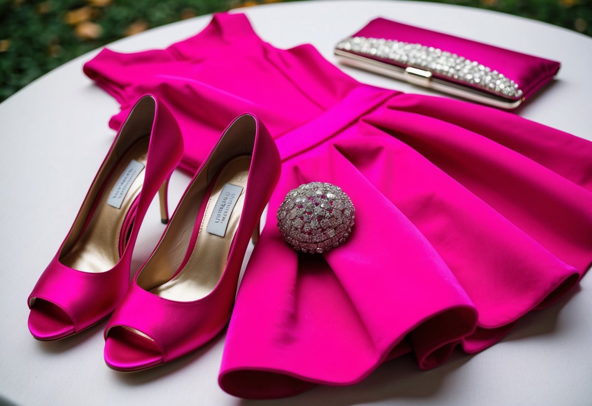 A wedding guest ensemble with a hot pink dress, matching shoes, and a coordinating clutch laid out on a table