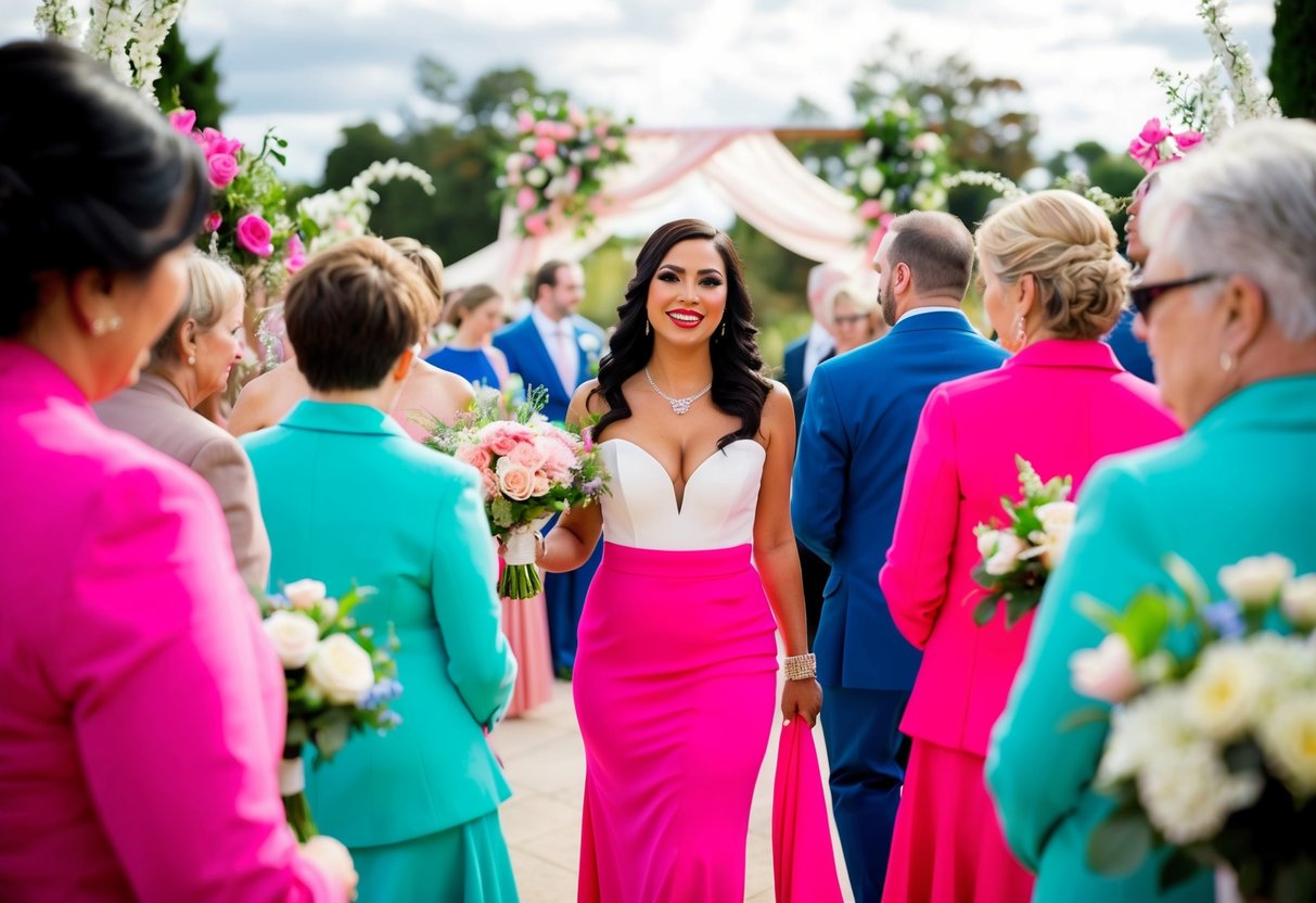 A wedding scene with guests wearing various colored outfits, including a person in a hot pink ensemble, surrounded by flowers and decor