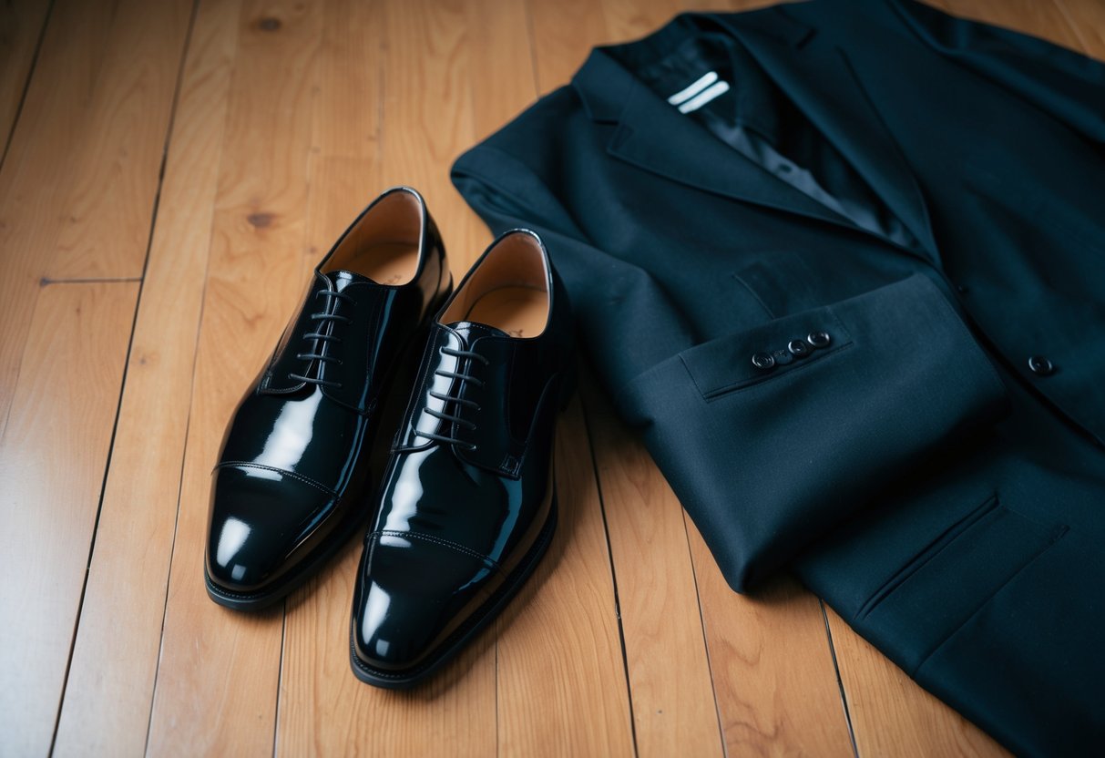 A pair of shiny black dress shoes placed next to a neatly folded suit on a wooden floor