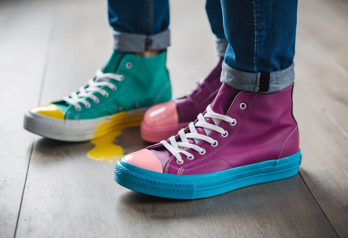 A pair of shoes in different colors, one half dipped in paint, creating the illusion of two different colored shoes